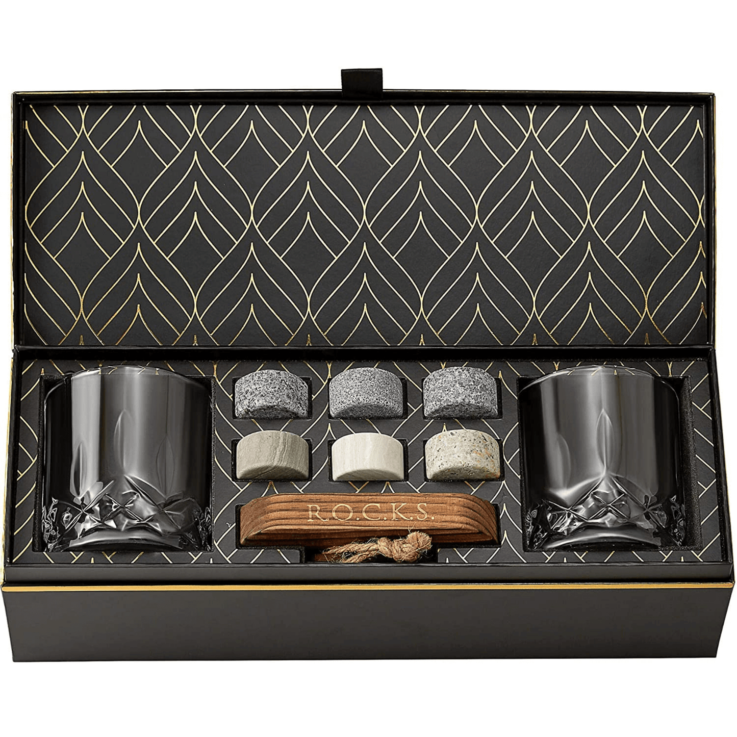 Connoisseur's Choice Whiskey Set - Signature Crystal Glasses & Cooling Granite Stones