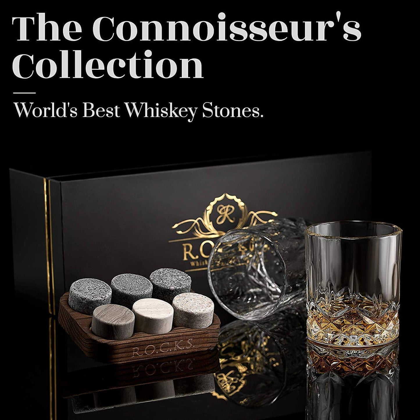 Connoisseur's Choice Whiskey Set - Signature Crystal Glasses & Cooling Granite Stones